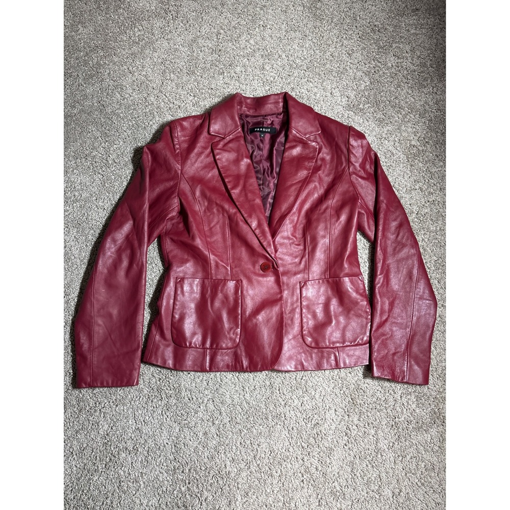 Prague Womens Burgundy Red 100% Leather Single Button Blazer Jacket size M